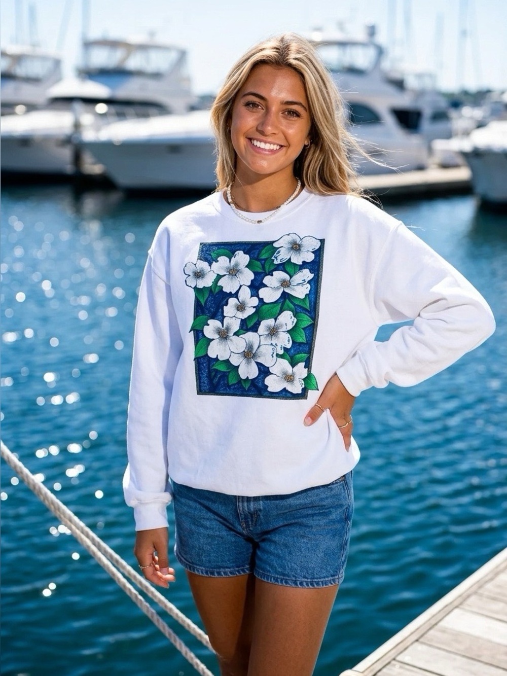 White Sweatshirt with Floral Panel